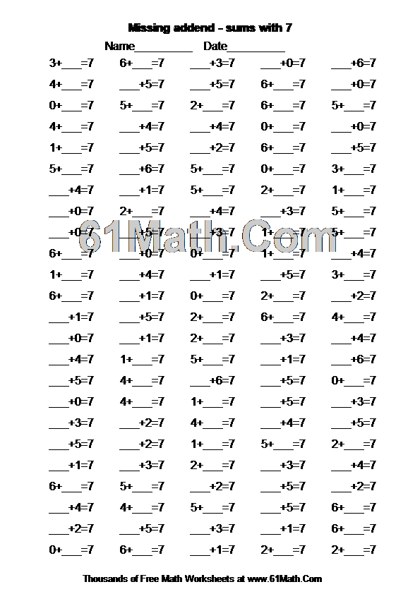 Missing addend - sums with 7