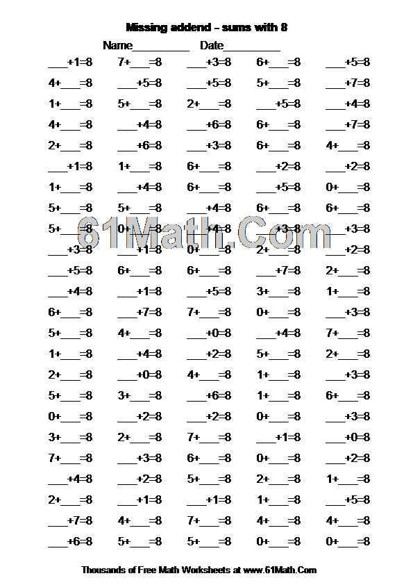 Missing addend - sums with 8