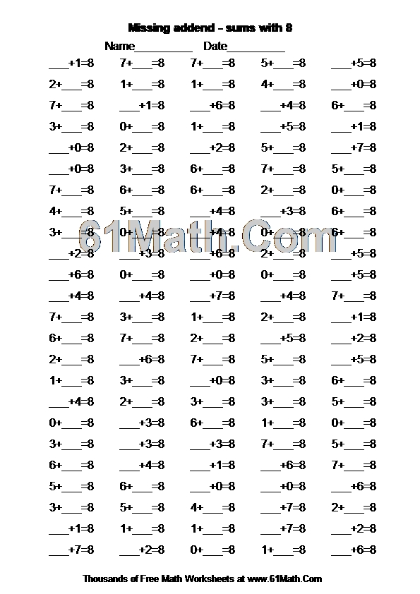 Missing addend - sums with 8