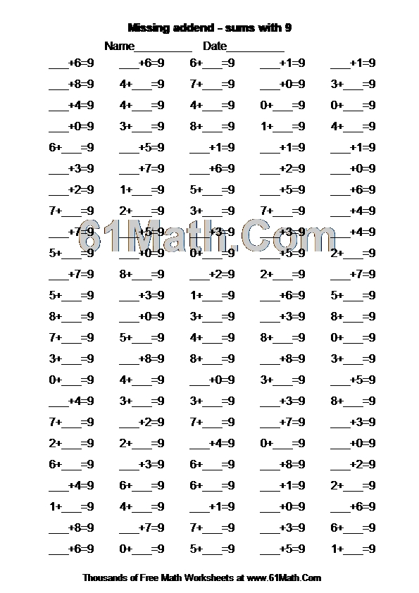 Missing addend - sums with 9