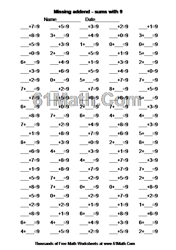 Missing addend - sums with 9