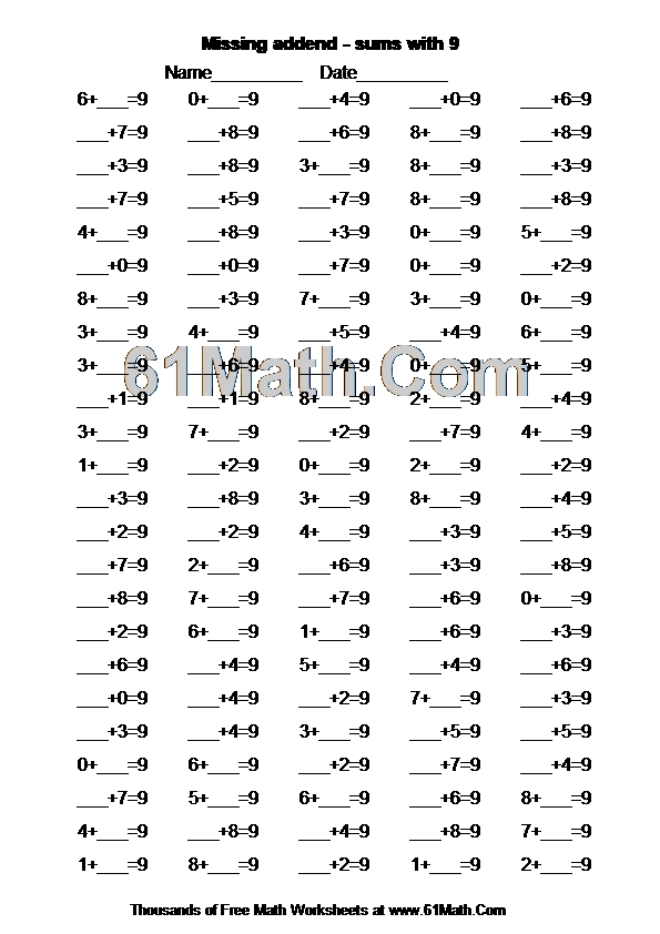 Missing addend sums with 9 Create Your Own Math Worksheets