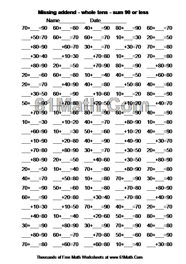 Missing addend - whole tens - sum 90 or less