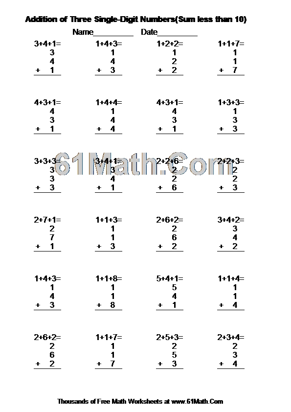 Addition of Three Single-Digit Numbers(Sum less than 10)