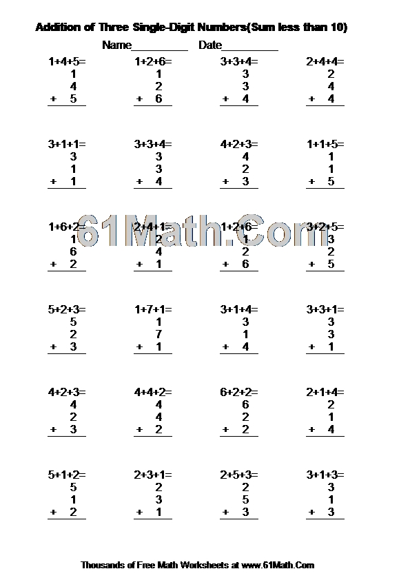 Addition of Three Single-Digit Numbers(Sum less than 10)