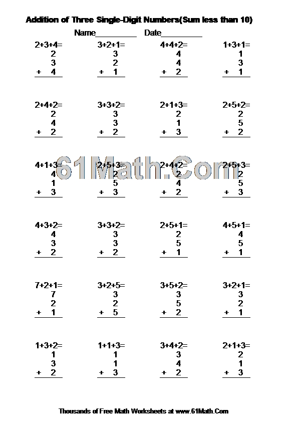 Addition of Three Single-Digit Numbers(Sum less than 10)