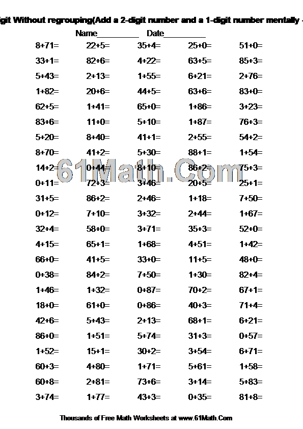 Addition: Two-Digit Plus One-Digit Without regrouping(Add a 2-digit number and a 1-digit number mentally - within the same ten)