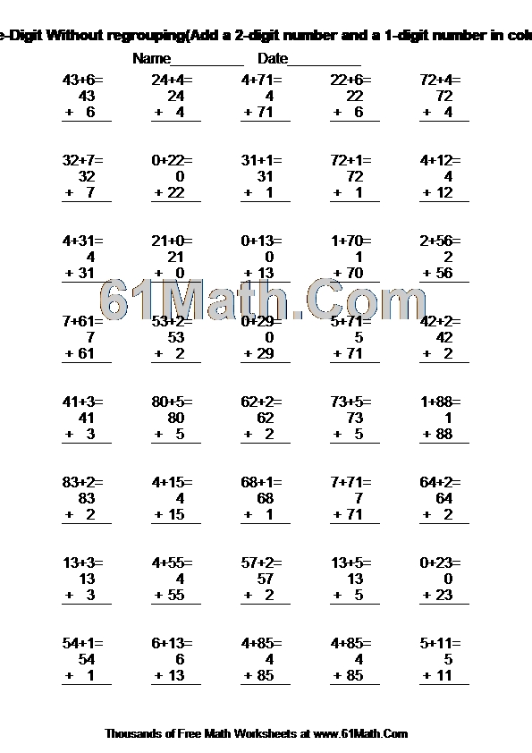Addition: Two-Digit Plus One-Digit Without regrouping(Add a 2-digit number and a 1-digit number in columns - no carrying)