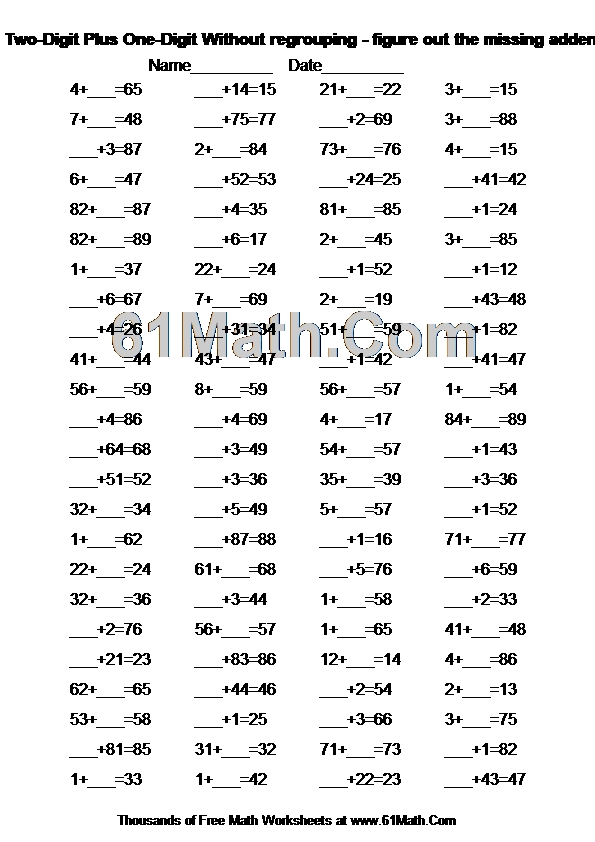 Addition: Two-Digit Plus One-Digit Without regrouping - figure out the missing addend