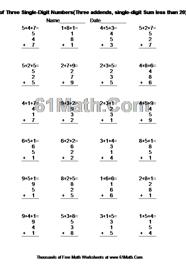 Addition of Three Single-Digit Numbers(Three addends, single-digit Sum less than 20)