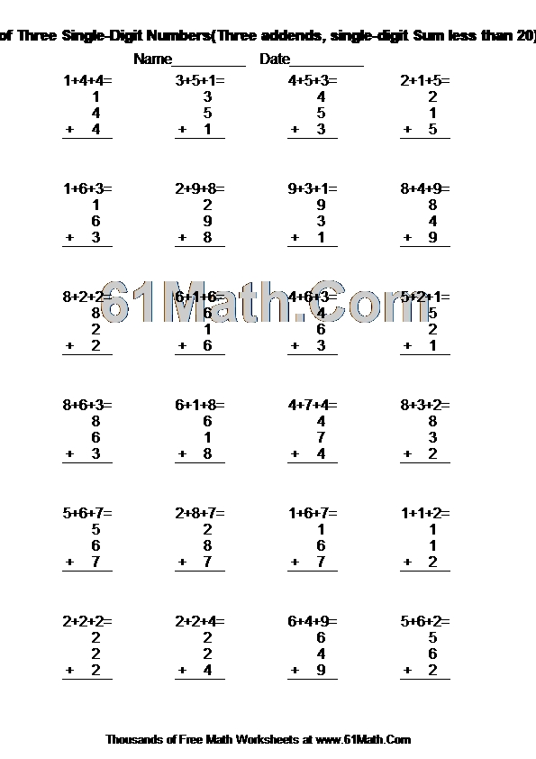 Addition of Three Single-Digit Numbers(Three addends, single-digit Sum less than 20)