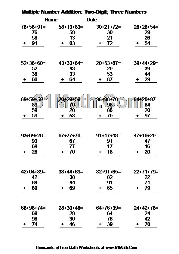 Multiple Number Addition: Two-Digit; Three Numbers