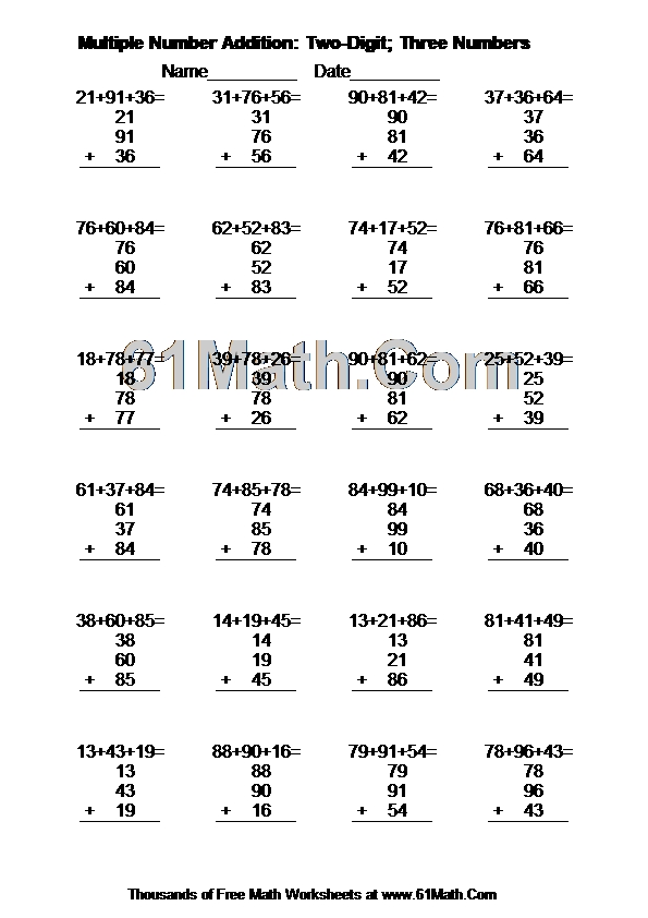 Multiple Number Addition: Two-Digit; Three Numbers