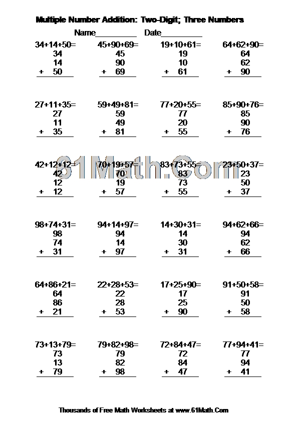 Multiple Number Addition: Two-Digit; Three Numbers