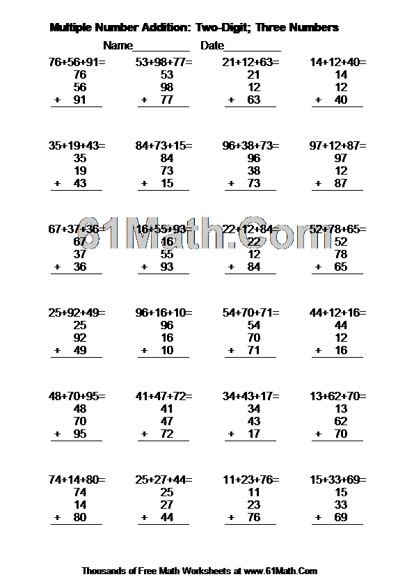 Multiple Number Addition: Two-Digit; Three Numbers