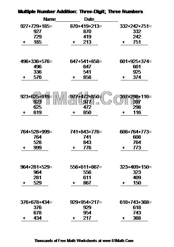 Multiple Number Addition: Three-Digit; Three Numbers