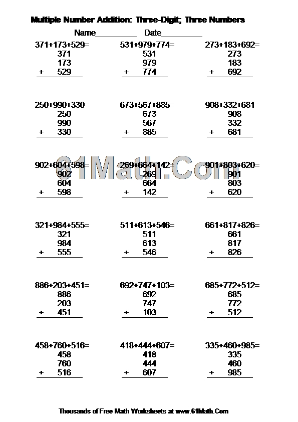 Multiple Number Addition: Three-Digit; Three Numbers