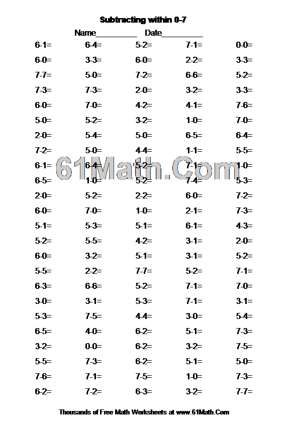 Subtracting within 0-7