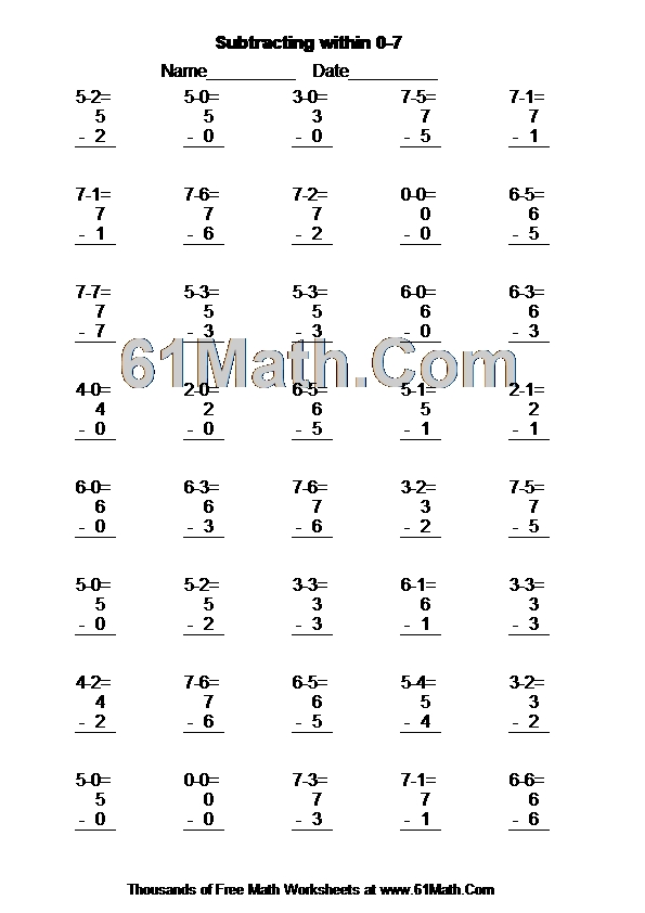 Subtracting within 0-7