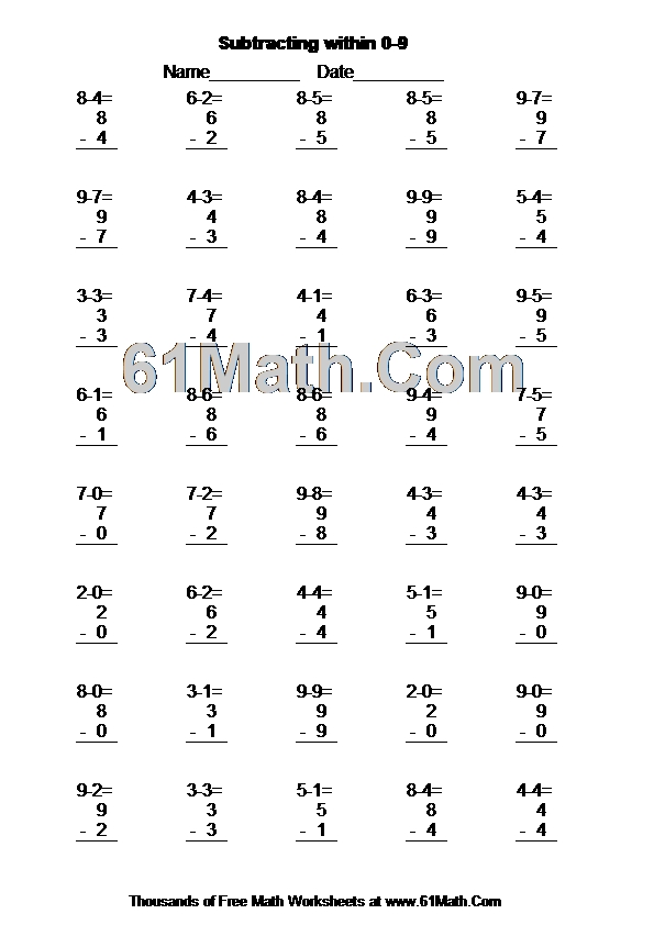 Subtracting within 0-9