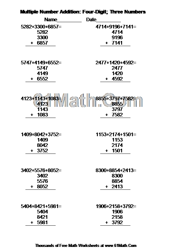 Multiple Number Addition: Four-Digit; Three Numbers