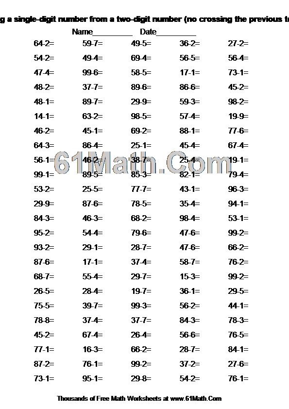 Subtracting a single-digit number from a two-digit number (no crossing the previous ten)