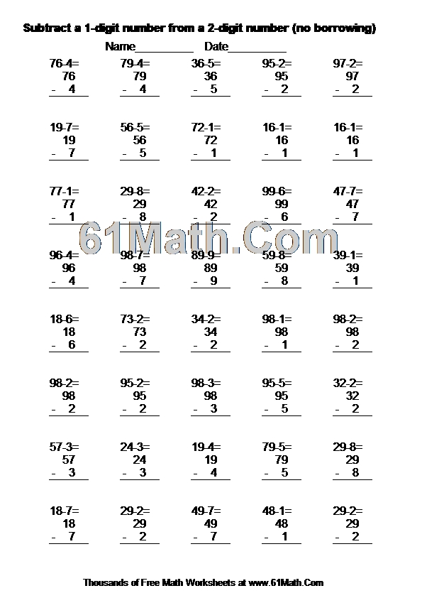 Subtract a 1-digit number from a 2-digit number (no borrowing)