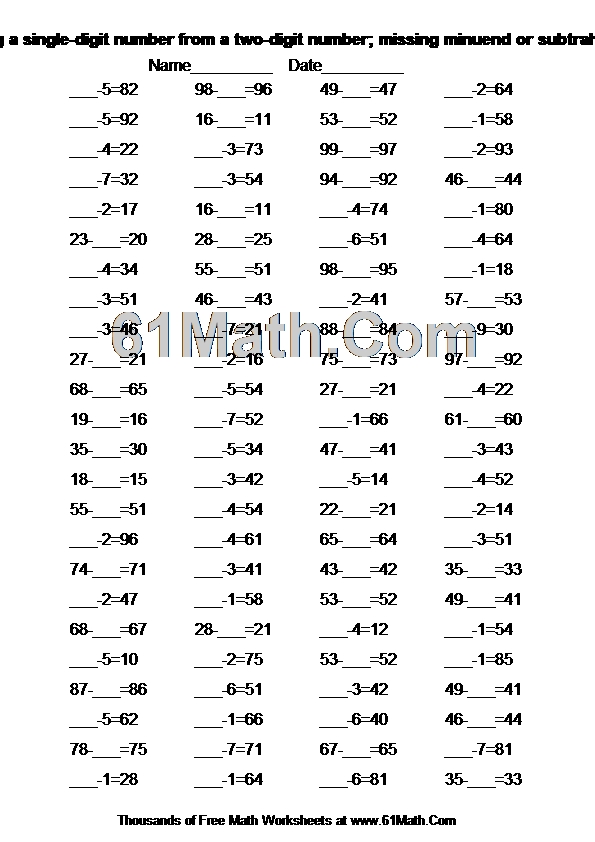 Subtracting a single-digit number from a two-digit number; missing minuend or subtrahend