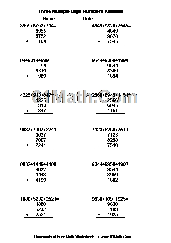 Three Multiple Digit Numbers Addition