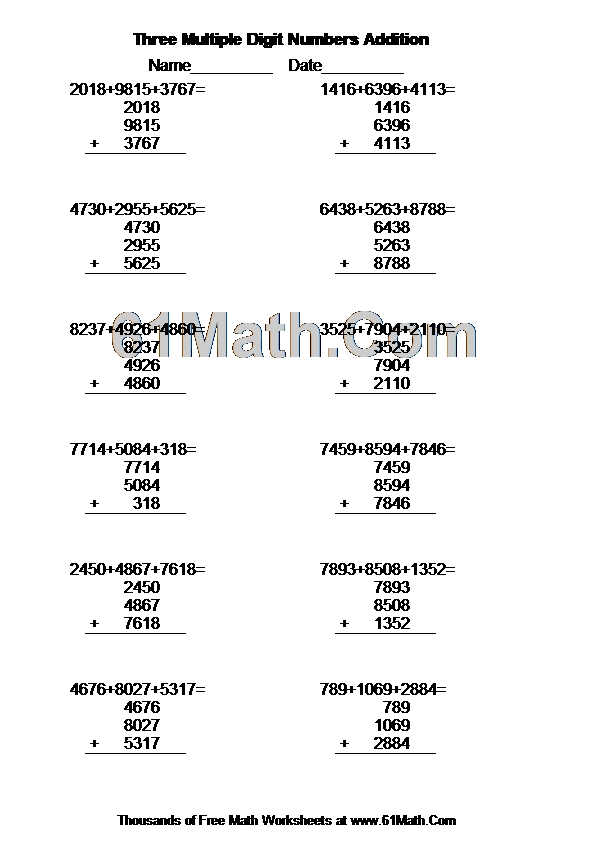 Three Multiple Digit Numbers Addition