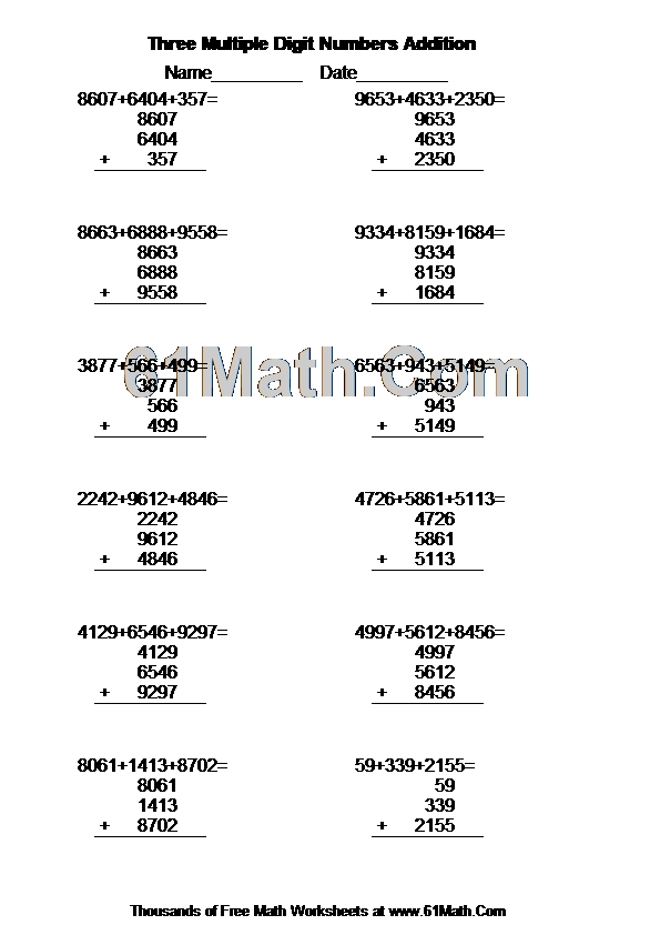 Three Multiple Digit Numbers Addition