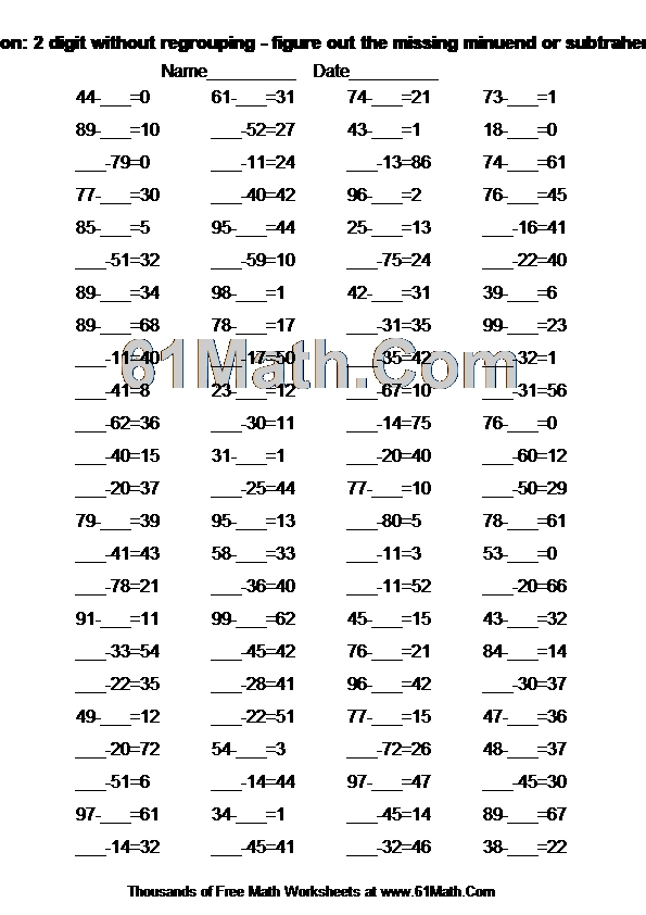 Subtraction: 2 digit without regrouping - figure out the missing minuend or subtrahend