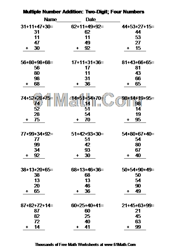 Multiple Number Addition: Two-Digit; Four Numbers