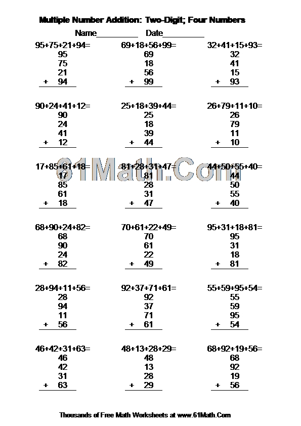 Multiple Number Addition: Two-Digit; Four Numbers