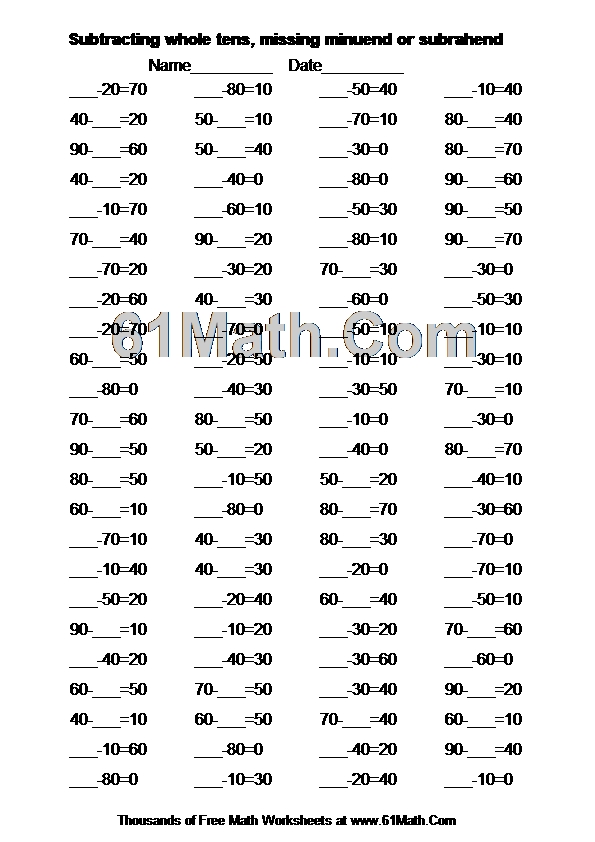 Subtracting whole tens, missing minuend or subrahend