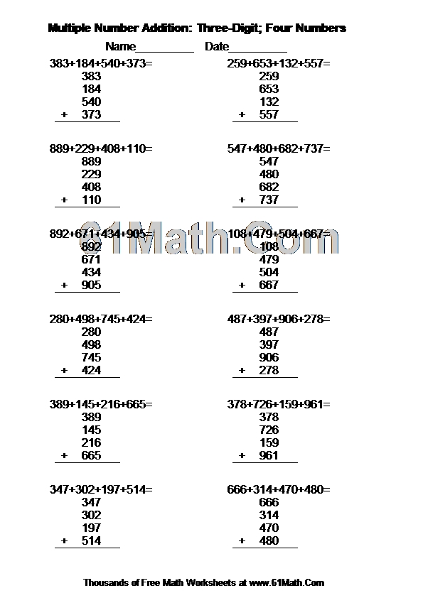 Multiple Number Addition: Three-Digit; Four Numbers