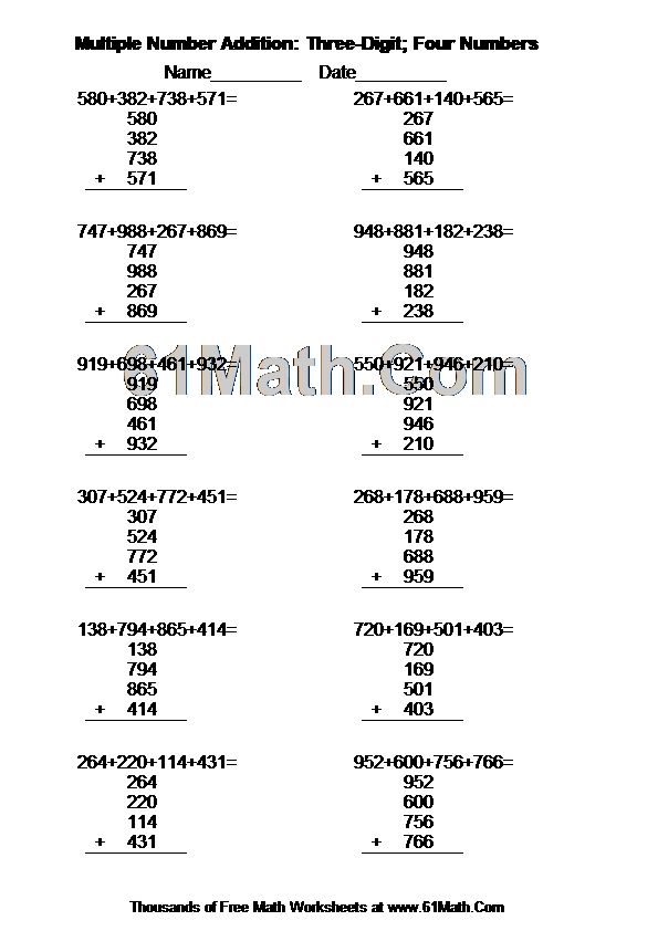 Multiple Number Addition: Three-Digit; Four Numbers