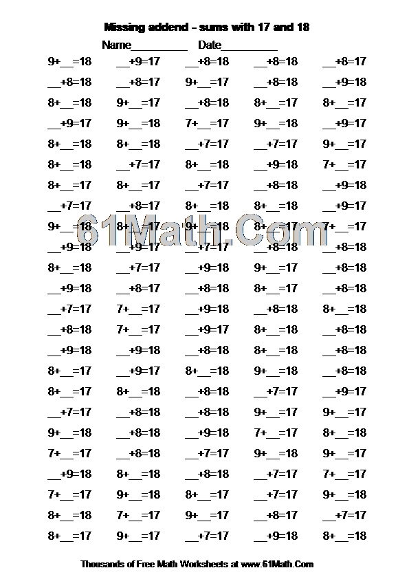 Missing addend - sums with 17 and 18