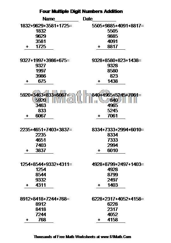 Four Multiple Digit Numbers Addition