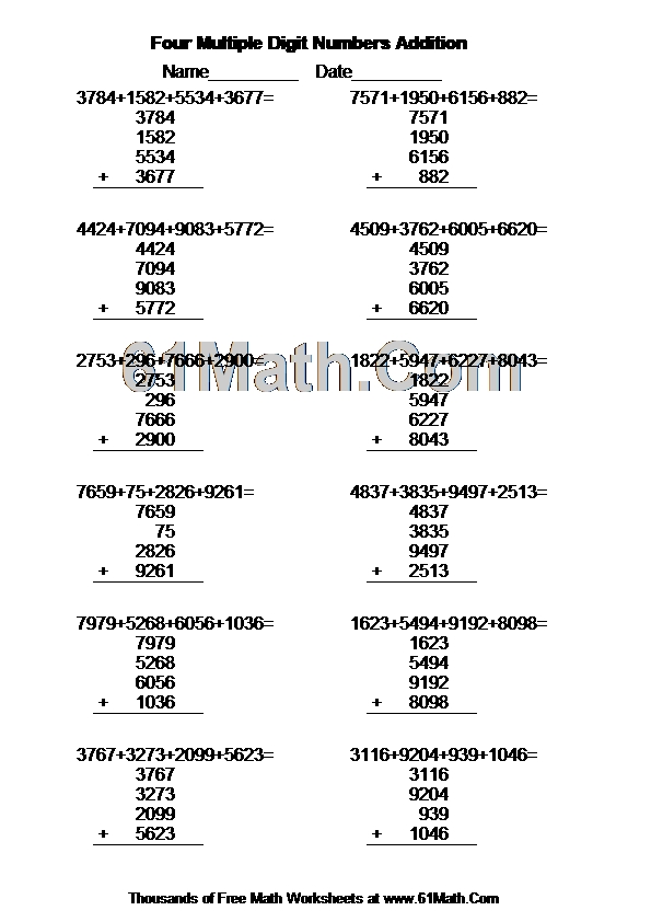 Four Multiple Digit Numbers Addition