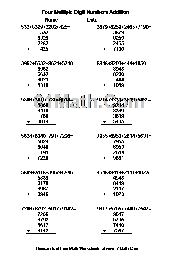 Four Multiple Digit Numbers Addition