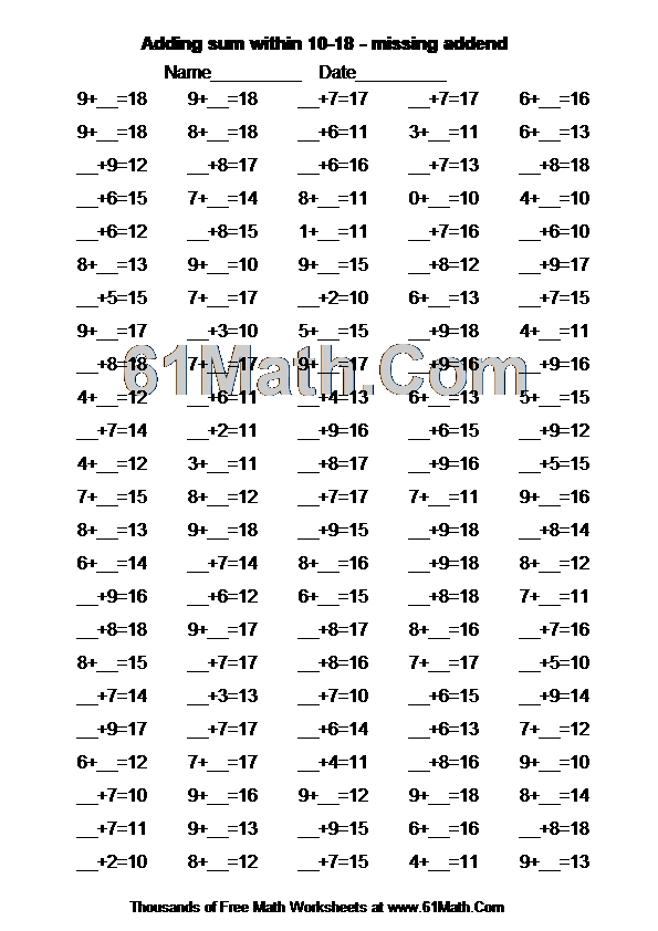 Adding sum within 10-18 - missing addend