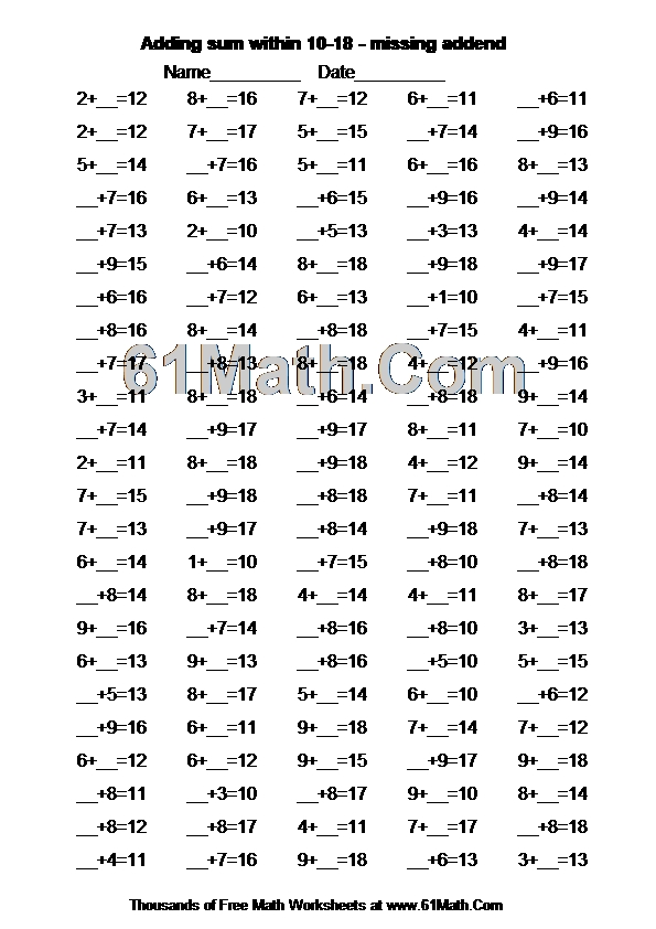 Adding sum within 10-18 - missing addend