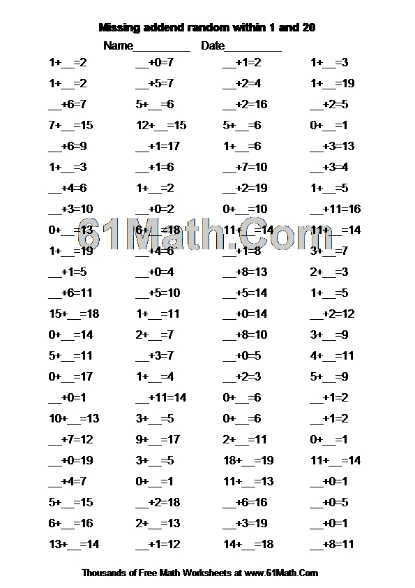Missing addend random within 1 and 20