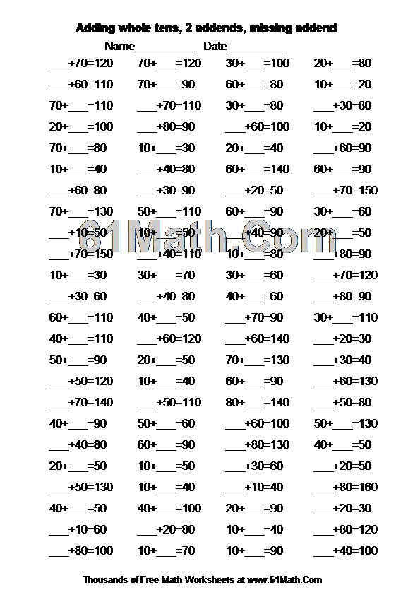 Adding whole tens, 2 addends, missing addend