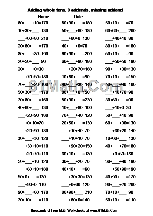 Adding whole tens, 3 addends, missing addend