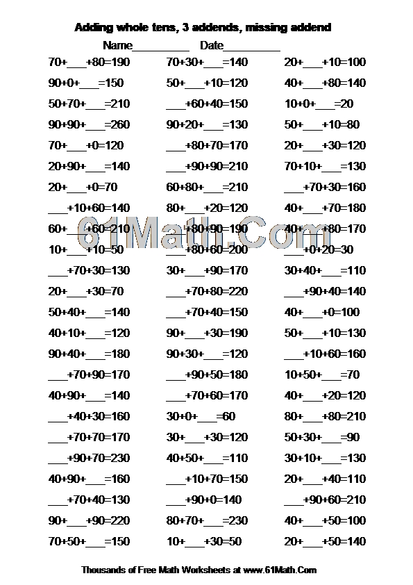 Adding whole tens, 3 addends, missing addend