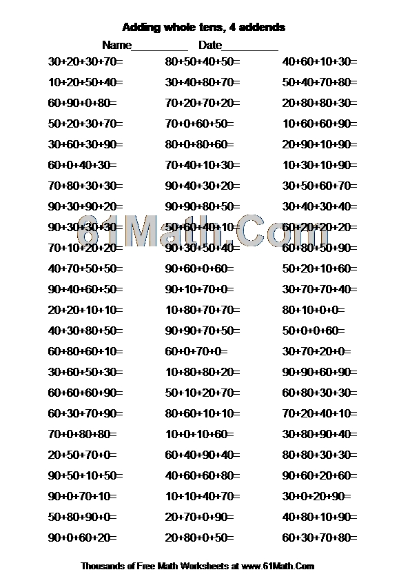 Adding whole tens, 4 addends