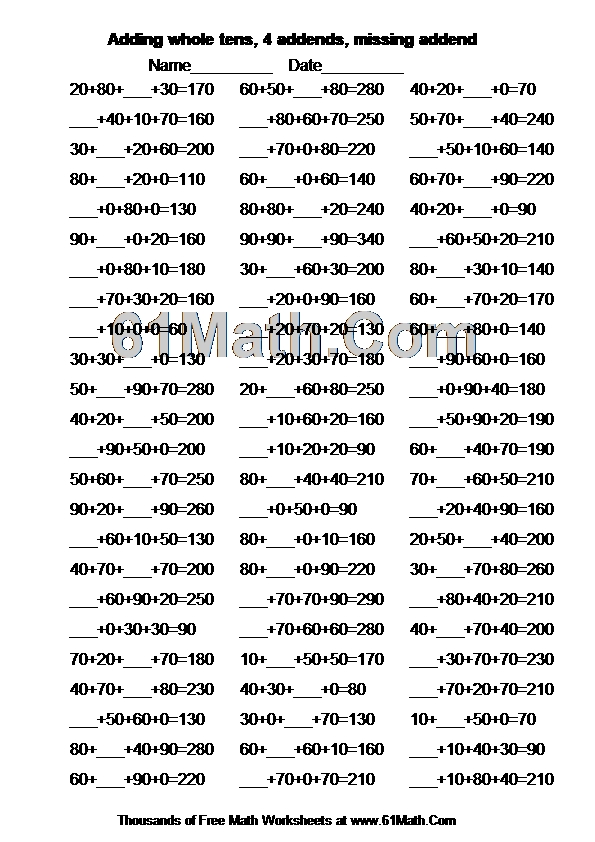Adding whole tens, 4 addends, missing addend