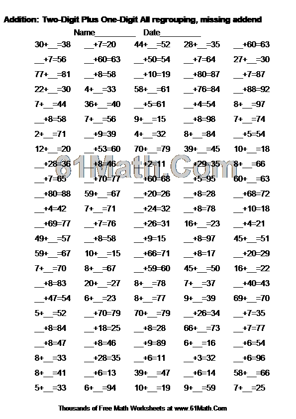 Addition: Two-Digit Plus One-Digit All regrouping, missing addend